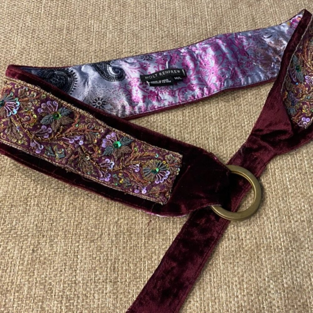 Holt Renfrew beaded and sequined on crushed velvet sash style belt ML